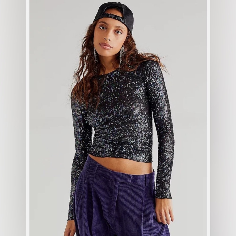 Free People Gold Rush Sequin Long Sleeve Top with Black color combo